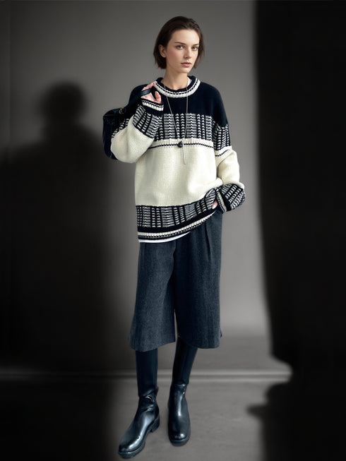 Women’s Mercerized Wool Fair Isle Knit Sweater | Color-Block Crew Neck Pullover
