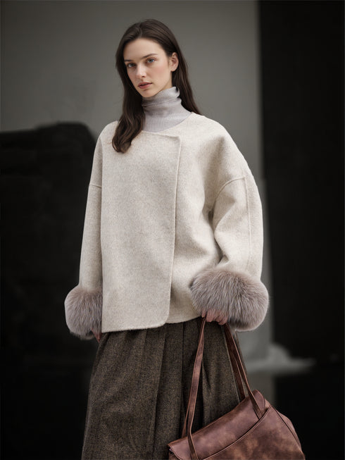 Women’s Short Double-Faced Wool Coat with Fox Fur Cuffs | Loose Fit Alpaca Blend Jacket