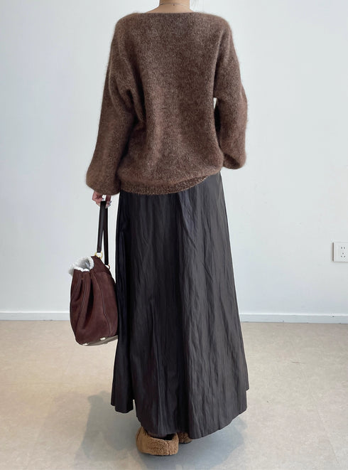 Women’s 100% Wool Brushed Knit Sweater | Seamless Two-Tone V-Neck Pullover with Soft Fuzzy Texture