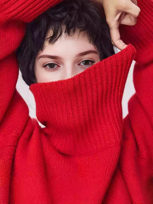 Soft 100% Cashmere Turtleneck Sweater – Vintage Rib-Knit, Thick & Warm in Festive Red-Green Palette