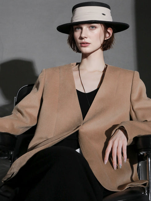 Soft Cashmere Blend Blazer for Women – V-Neck Structured Shoulder Suit Jacket, Elegant Office Wear for Fall