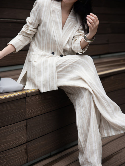 Retro Linen Beaded Short-Sleeve Shirt & Wide-Leg Pants Two-Piece Set