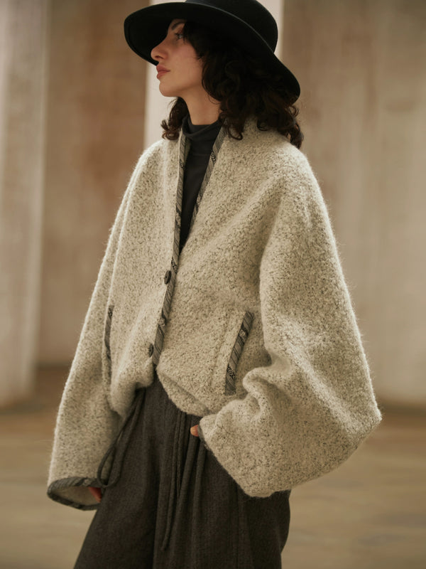 Vintage Wool-Cashmere Blend Oversized Coat for Fall Winter – Dropped Shoulder Batwing Sleeve Bouclé Jacket