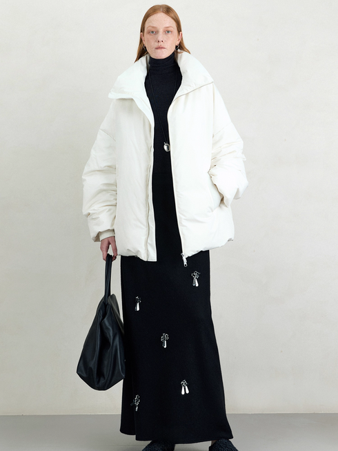 French Holiday Style Beaded Bias-Cut Wool Midi Skirt for Women – Slimming A-Line Design