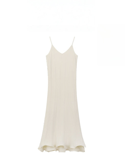 Elegant Merino Wool Maxi Dress – Soft Wavy Knit Spaghetti Strap Long Dress for Women