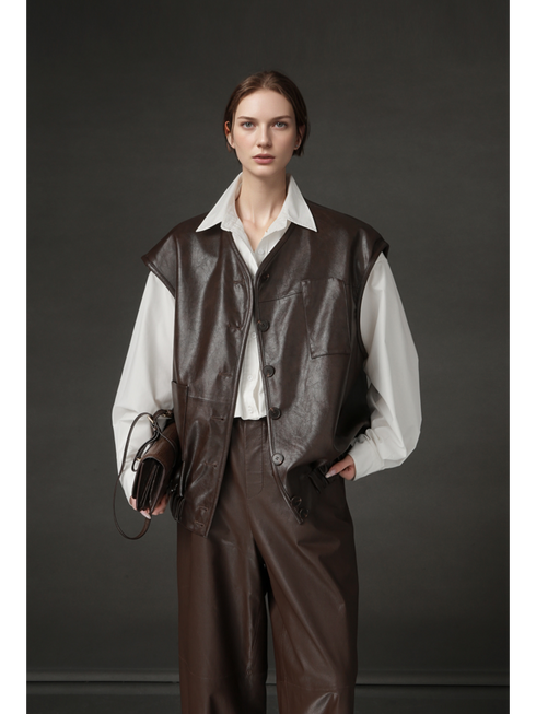 Women’s Sheepskin Leather Vest – Oversized Pocket Design Sleeveless Jacket, Versatile Chic Outerwear