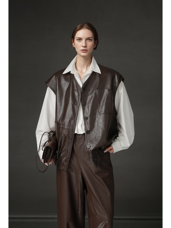 Women’s Sheepskin Leather Vest – Oversized Pocket Design Sleeveless Jacket, Versatile Chic Outerwear