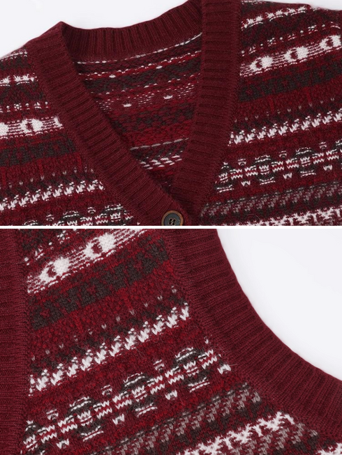 Fair Isle Layered Vest – Stylish V-Neck Jacquard Knit Cardigan for Women, Fall/Winter Sweater