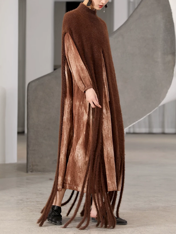 Women's Half-Turtleneck Knit Poncho with Asymmetric Hem and Fringe – Cozy Open-Front Sweater Cape