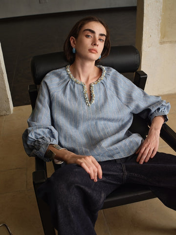 Luxury Linen Striped Shirt – Handcrafted Loose Fit Casual Shirt with Gold Glitter Collar for Women