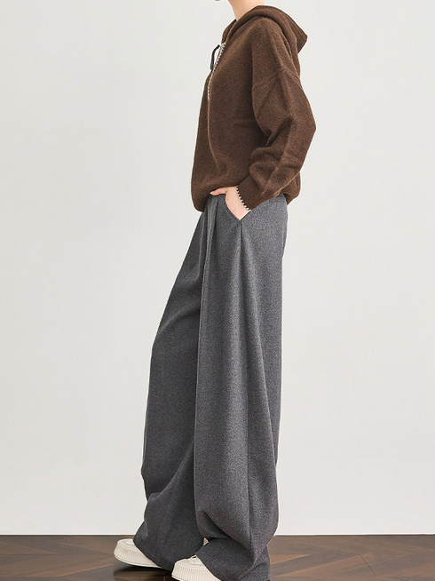 Women's Gray Wool Wide-Leg Suit Pants – Premium Draped Wool-Blend Trousers for Fall/Winter