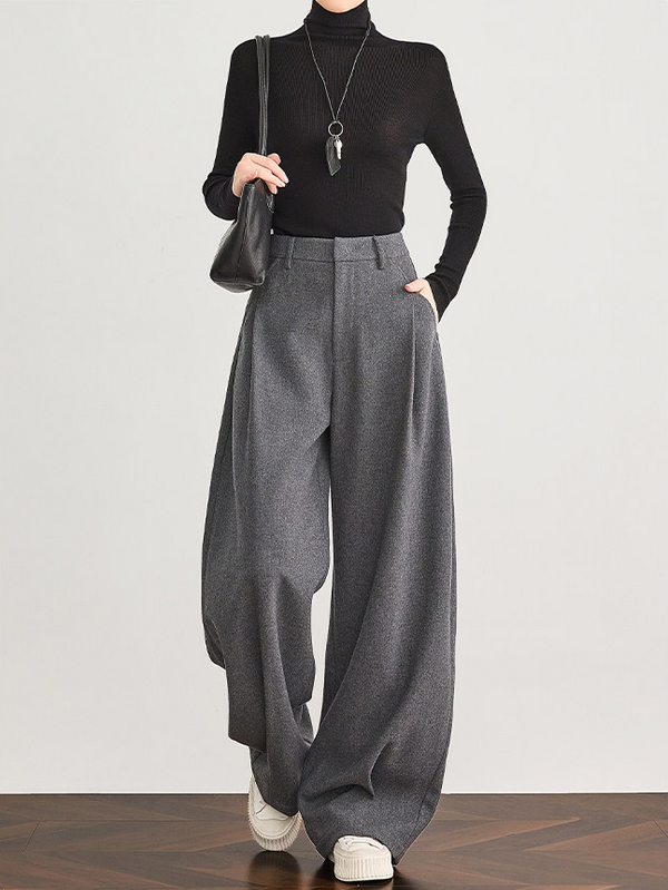 Women's Gray Wool Wide-Leg Suit Pants – Premium Draped Wool-Blend Trousers for Fall/Winter