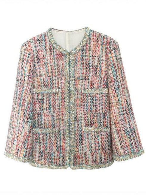 Luxury Tweed Short Jacket for Women – Handwoven Colorful Yarn Chanel-Inspired Round Neck Blazer, Autumn Fashion