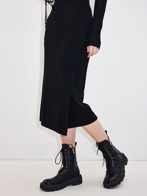 German Wool Yarn Ribbed Knit Pencil Skirt – Elegant Split Hem Wool Midi Skirt for Work