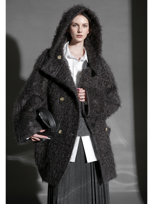 Cloud Plush Hooded Mohair Wool Coat for Women – Double-Faced Teddy Textured Wool Overcoat, Soft and Warm Winter Outerwear