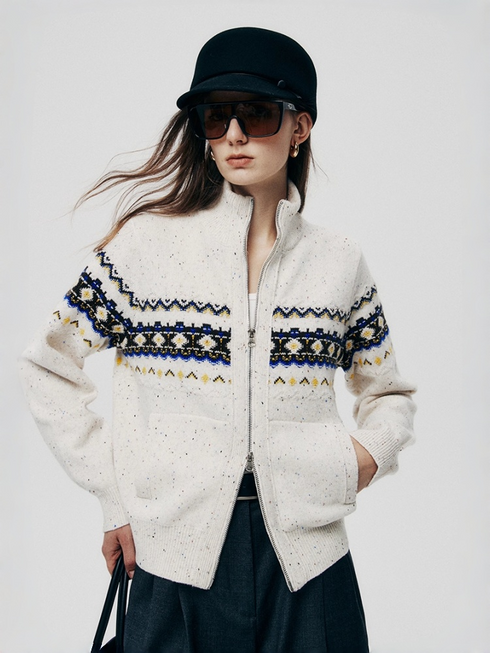 Christmas Love Letter | Premium Wool Artistic Speckled Yarn Fair Isle Luxury Craft Stand Collar Cardigan – Holiday Knitwear