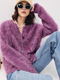 Brushed Cashmere-Wool Bouclé Yarn Crewneck Knit Cardigan for Women