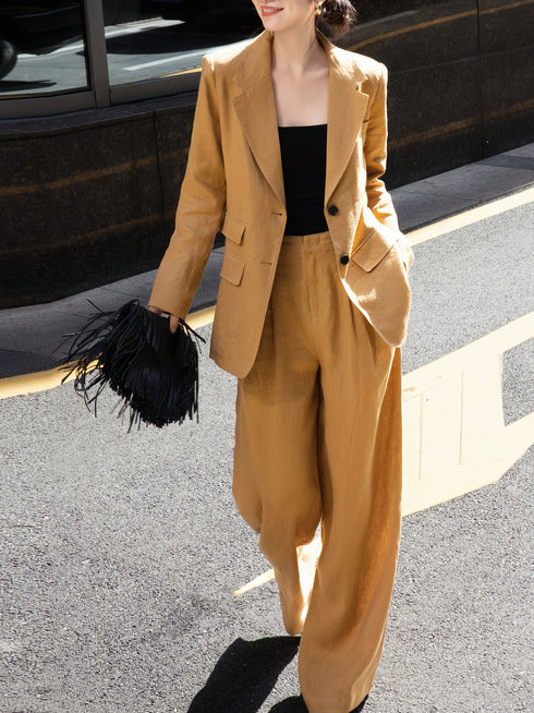 Old Money Style Fashion Set – Autumn 100% Linen Loose Blazer & Wide-Leg Pants for Work