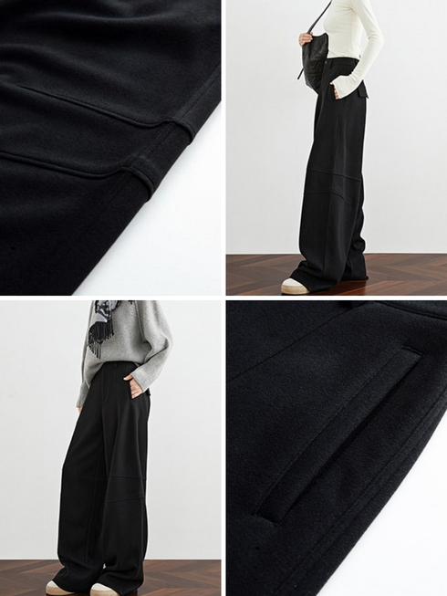 Women's Black Scythe Pants – Fall/Winter Extended Wool Wide-Leg Banana Trousers