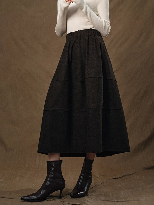 Hepburn-Style Heavy Wool Structured A-Line Midi Skirt for Women with Elastic Waist