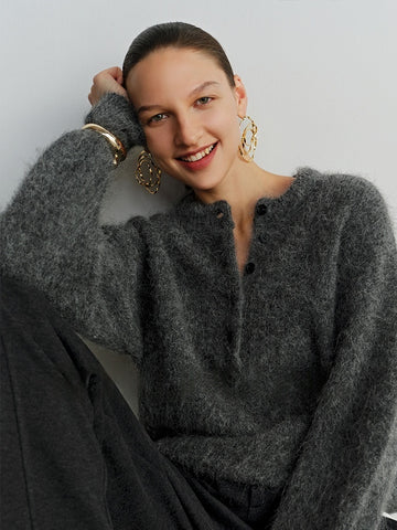 Relaxed Fit Henry Neck Alpaca Wool Sweater for Women – Cozy Loose Pullover with Soft, Luxurious Feel