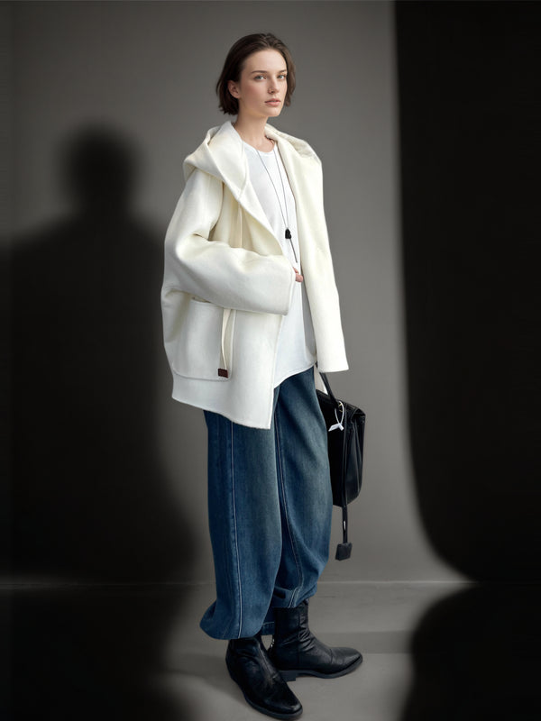 Women’s 100% Wool Hooded Coat | Loose Fit Double-Faced Woolen Cocoon Overcoat