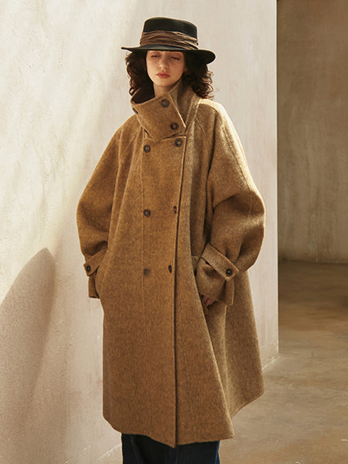 Vintage Double-Breasted Wool Cashmere Blend Coat for Women – Winter New Loose Silhouette, Mid-Length Double-Faced Wool Overcoat