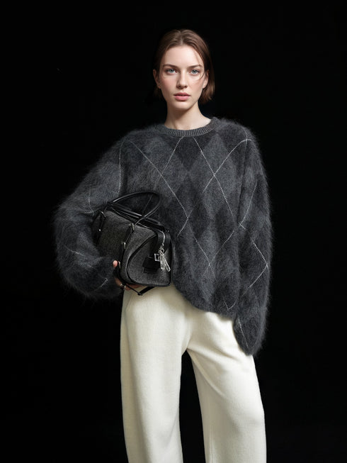 Heavyweight Brushed Knit Vintage Diamond-Pattern Sweater for Women