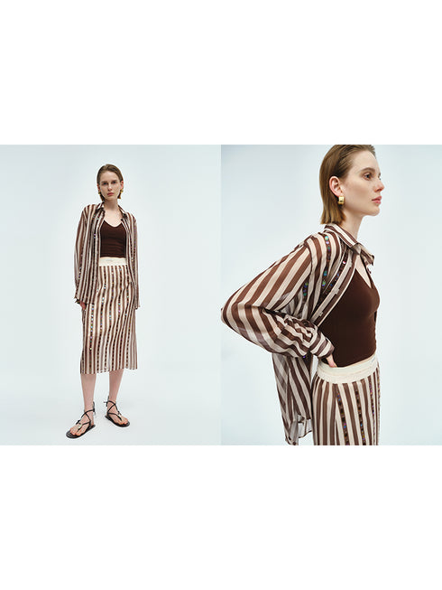 Ultra-Light 75D Chiffon Sequin-Striped Shirt & Skirt Set | Chic Work-to-Vacation Women's Outfit