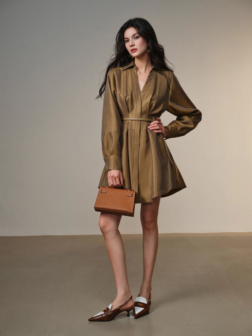 Lustrous Jacquard Satin Shirt Dress for Women – Belted Waist A-Line Mini Dress with Refined Sheen