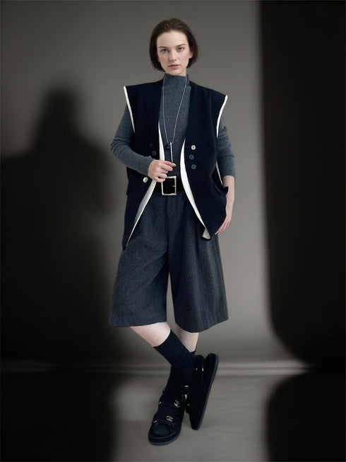 Two-Piece Style Blazer Vest for Women | Contrast Stitching Multi-Button Sleeveless Waistcoat