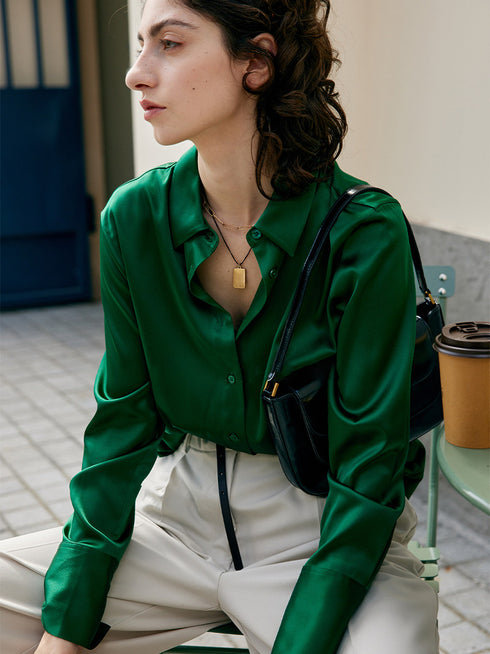 Women's Heavyweight Mulberry Silk Shirt – Relaxed-Fit Solid Color Collared Silk Blouse