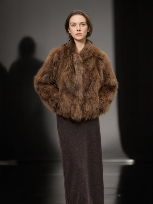 Women’s Raccoon Fur Jacket | Short Two-Tone Ombre V-Neck Winter Coat