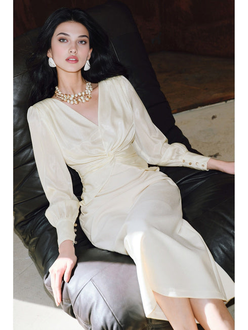 Shimmer Crinkle Satin & Stretch Hemp Blend V-Neck Knot Waist Slim Fit Dress