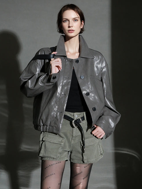 Motorcycle Style Leather Jacket for Women – Bold Lambskin Leather with Notched Collar, Chic and Gender-Neutral Outerwear