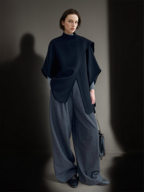 Tencel Wool Double-Faced Shawl Cape Coat for Women | Asymmetric Art-Inspired Deconstructed Design