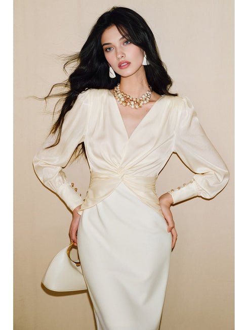 Shimmer Crinkle Satin & Stretch Hemp Blend V-Neck Knot Waist Slim Fit Dress