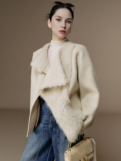 Women's Elegant Two-Tone Pure Wool Double-Faced Coat with Faux Fur Texture – Eco-Friendly Winter Overcoat