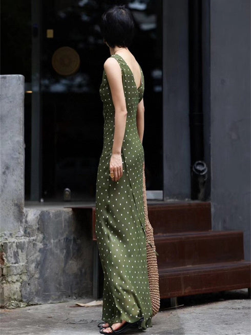 Mulberry Silk V-Neck Vest-Style Polka Dot Print Dress - French Elegant Long Dress
