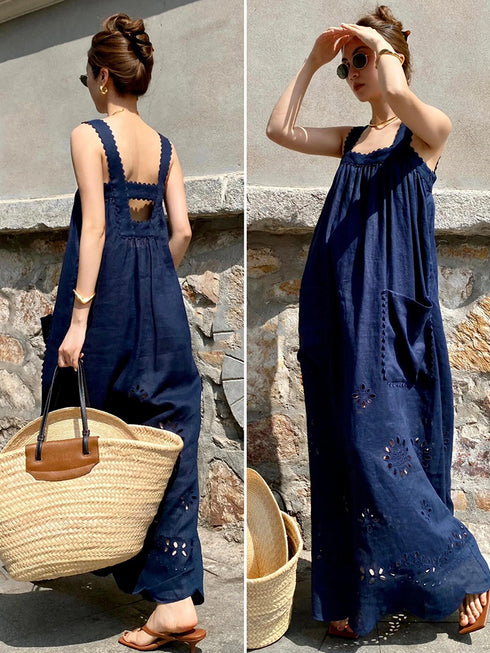 Navy Blue Spaghetti Strap Long Dress for Women – Summer Beach Vacation Style, Hollow Embroidered, High-End Sexy Look
