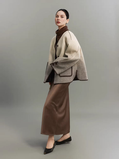 Women's Minimal Luxury Gradient Wool Double-Faced Coat with Detachable Color-Block Scarf – Mid-Length Winter Overcoat