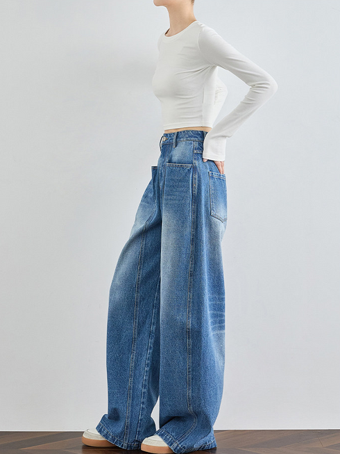 Women's High-Waist Extended Curved Seam Jeans – Loose Wide-Leg Scythe Pants for Tal