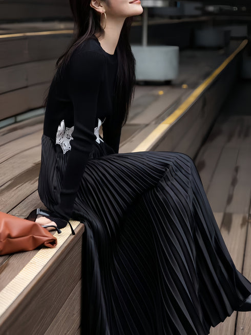 Elegant Designer Pleated Dress – Knit Patchwork Embroidery Slim Fit Luxury Midi Dress for Women