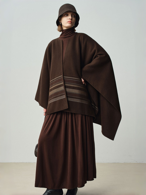 Women's Chestnut Brown Embroidered Minimalist Wool Double-Faced Cashmere Cape Coat – One-Piece Design