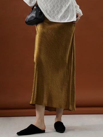 100% Acetate Pleated A-Line Midi Skirt – Slimming Fish Tail Design for Elegant Silhouette