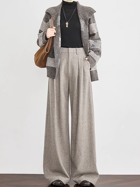 Women's Oatmeal Wide-Leg Wool Trousers – Premium Draped Wool-Blend Suit Pants for Winter