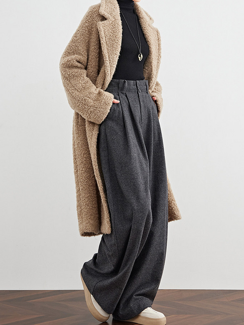 Women's Gray Wool Wide-Leg Pants – Draped Straight-Leg Casual Suit Trousers for Fall, Influencer Favorite