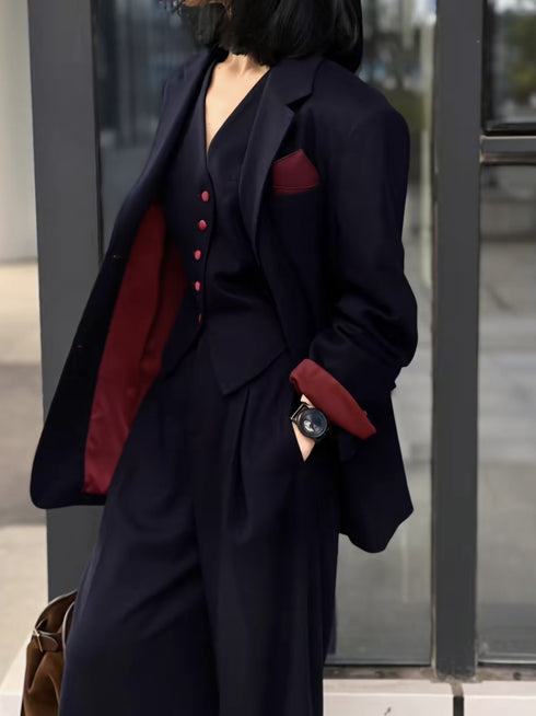 Wool Blend Three-Piece Set – Blazer, Vest & Wide-Leg Pants, Tailored Designer Fit