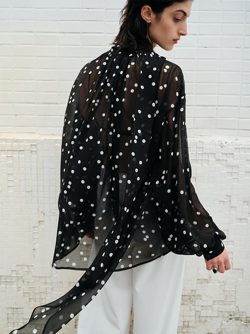 12MM Pure Mulberry Silk Polka Dot Chiffon Blouse | Irregular Hem Ribbon-Tie Women's Shirt