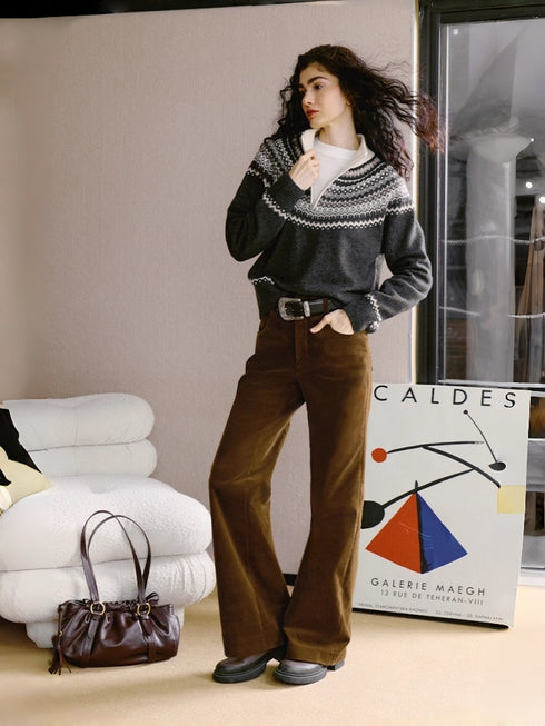 Winter Romance Retro Fair Isle Wool Sweater – Soft, Plush, High-Warm Inverted Trapeze Knitwear